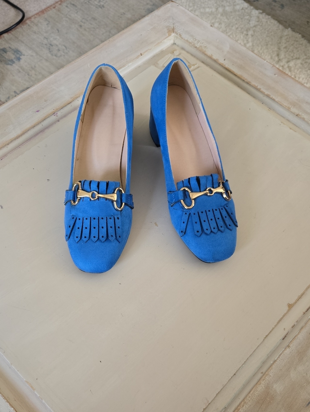 Women's Blue Faux Suede Fringe Bit Heel Pumps